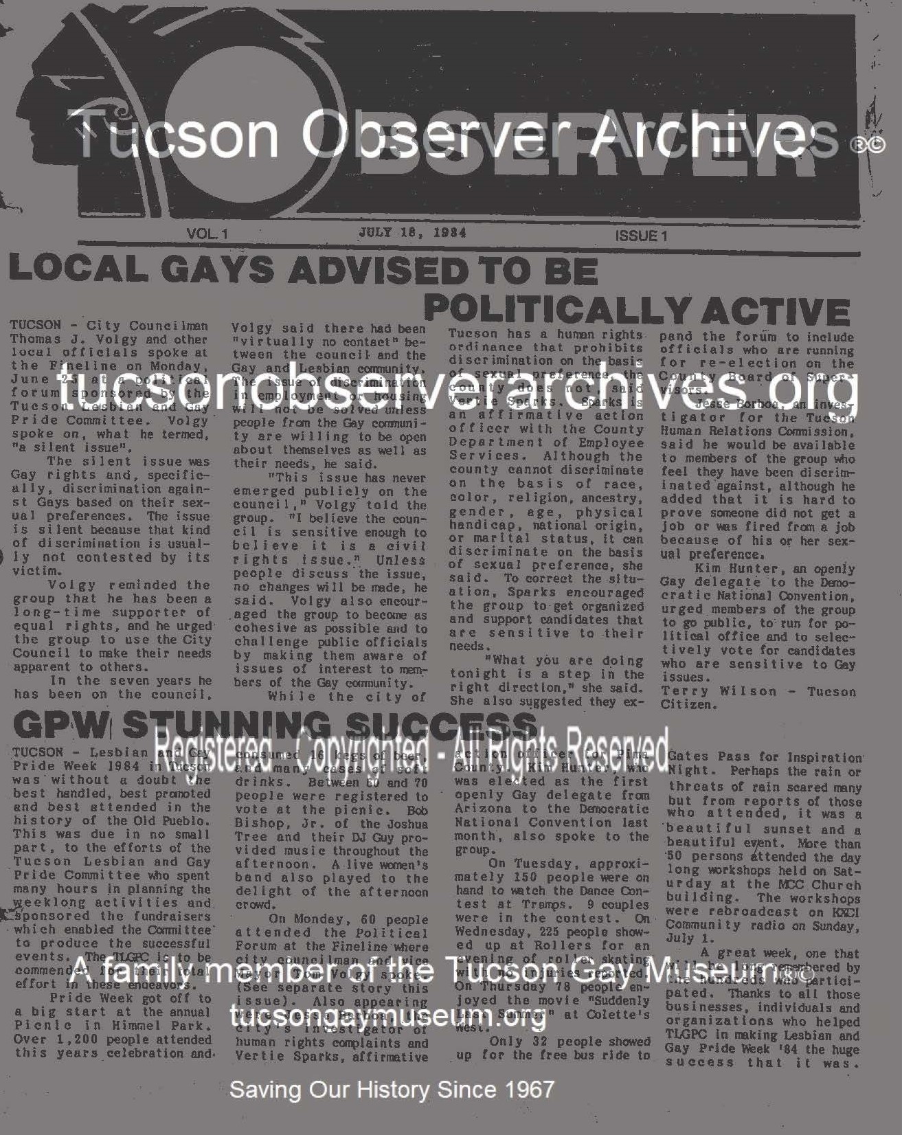 Observer Gay Newspaper First Issue Tucson Arizona  